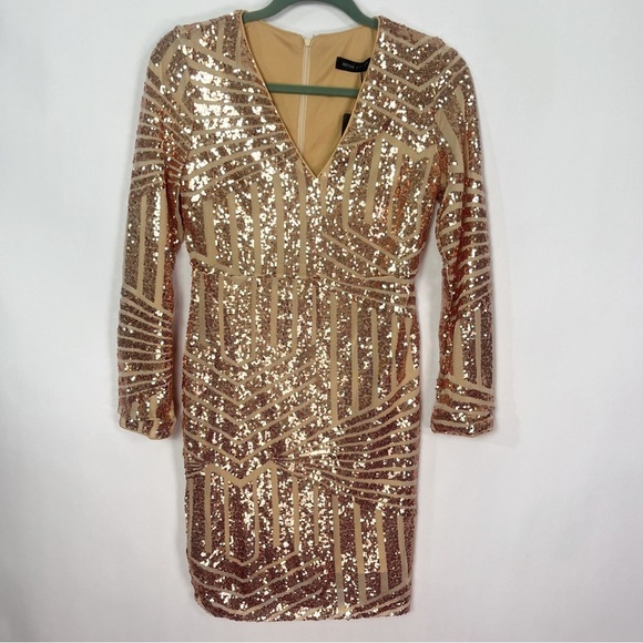 Miss Ord Women’s V Neck Bodycon Gold SeQuin Cocktail Dress Sz Medium NWT - Picture 2 of 7